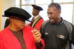 Hugh Masekela and Mr Selvan Tin Tin Pillay share a light hearted moment